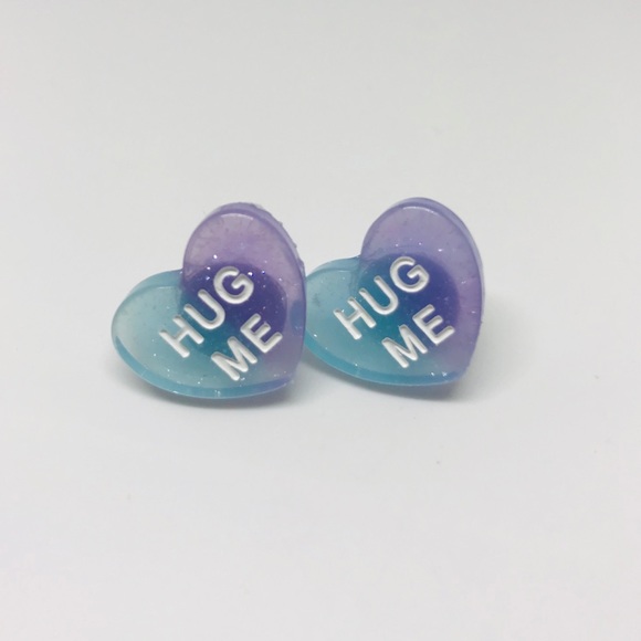 Hug Me Ombré Glitter Conversation Heart Earrings Cute Lover Candy Aesthetics - Picture 7 of 7